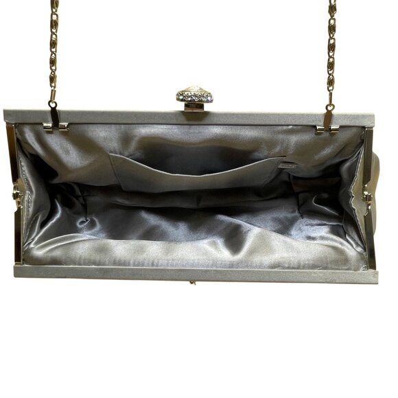 Pleated Gray Satin Women’s Rhinestone Clasp & Metal Chain Strap Evening Clutch - Picture 7 of 7
